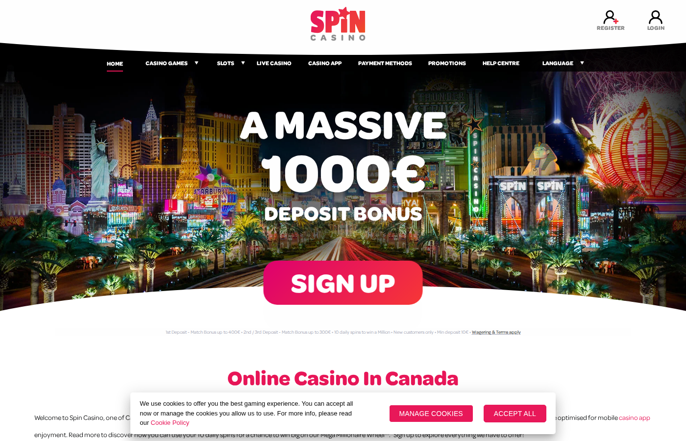 Spin Casino homepage